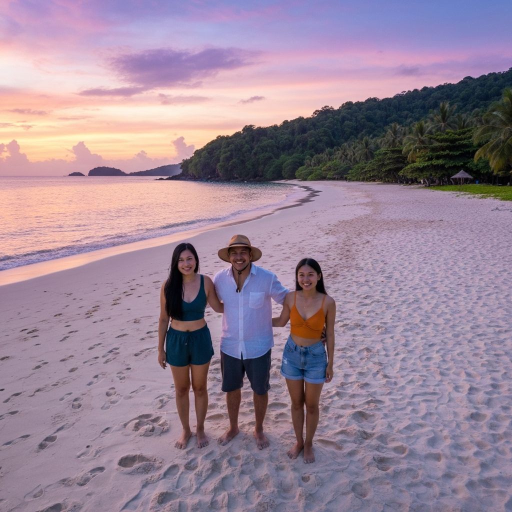 Travelers enjoying beach sunset